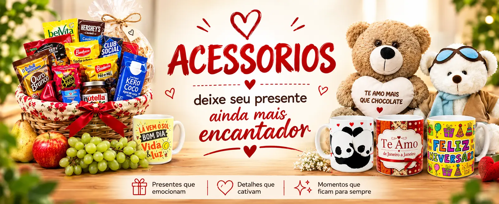 Acessórios para flores - teddy bear, chocolate e balões